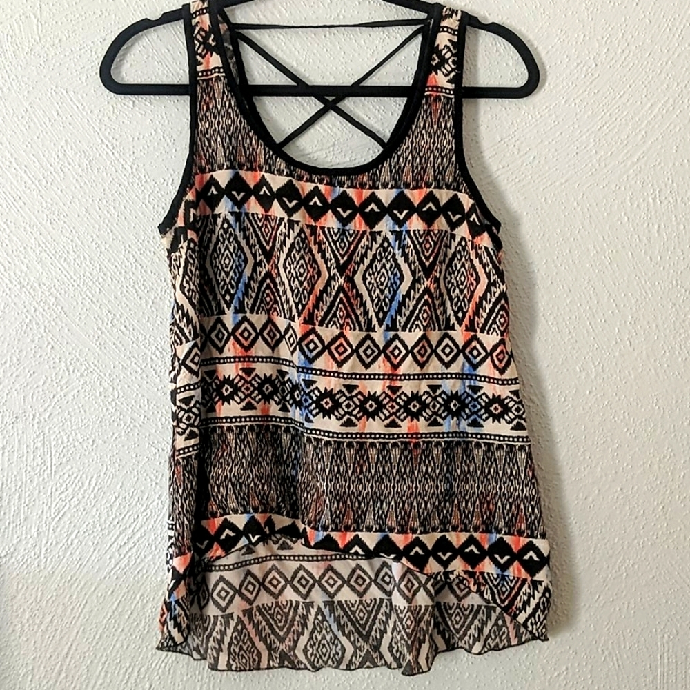 Women's Patterned Tank Top - Black, Cream & Coral - Picture 1 of 4